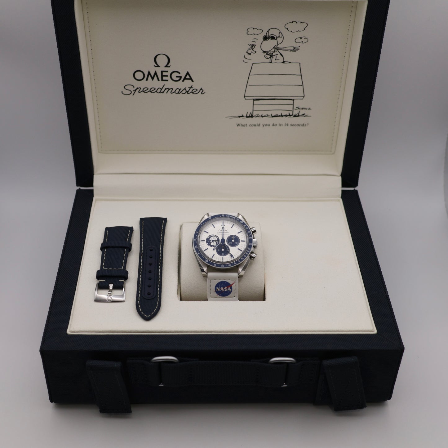 Omega Speedmaster Silver Snoopy Award 50th Anniversary | Full Set | Omega Blue Nylon Strap & OMEGA NASA VELCRO Strap
