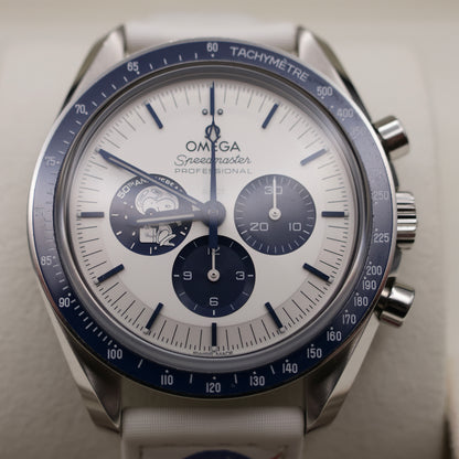 Omega Speedmaster Silver Snoopy Award 50th Anniversary | Full Set | Omega Blue Nylon Strap & OMEGA NASA VELCRO Strap