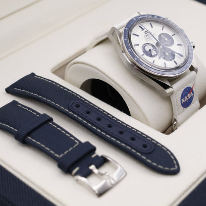 Omega Speedmaster Silver Snoopy Award 50th Anniversary | Full Set | Omega Blue Nylon Strap & OMEGA NASA VELCRO Strap